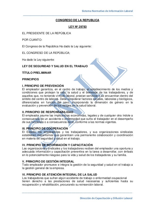 Ley de seguridad y salud en el trabajo 29783