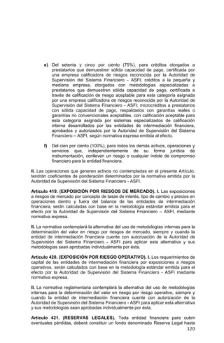 120
e) Del setenta y cinco por ciento (75%), para créditos otorgados a
prestatarios que demuestren sólida capacidad de pago, certificada por
una empresa calificadora de riesgos reconocida por la Autoridad de
Supervisión del Sistema Financiero - ASFI; créditos a la pequeña y
mediana empresa, otorgados con metodologías especializadas a
prestatarios que demuestren sólida capacidad de pago, certificada a
través de calificación de riesgo aceptable para esta categoría asignada
por una empresa calificadora de riesgos reconocida por la Autoridad de
Supervisión del Sistema Financiero - ASFI; microcréditos a prestatarios
con sólida capacidad de pago, respaldados con garantías reales o
garantías no convencionales aceptables, con calificación aceptable para
esta categoría asignada por sistemas especializados de calificación
interna desarrollados por las entidades de intermediación financiera,
aprobados y autorizados por la Autoridad de Supervisión del Sistema
Financiero – ASFI, según normativa expresa emitida al efecto.
f) Del cien por ciento (100%), para todos los demás activos, operaciones y
servicios que, independientemente de su forma jurídica de
instrumentación, conlleven un riesgo o cualquier índole de compromiso
financiero para la entidad financiera.
II. Las operaciones que generen activos no contempladas en el presente Artículo,
tendrán coeficientes de ponderación determinados por la normativa emitida por la
Autoridad de Supervisión del Sistema Financiero - ASFI.
Artículo 419. (EXPOSICIÓN POR RIESGOS DE MERCADO). I. Las exposiciones
a riesgos de mercado por concepto de tasas de interés, tipo de cambio y precios en
operaciones dentro y fuera del balance de las entidades de intermediación
financiera, serán calculadas con base en la metodología estándar emitida para el
efecto por la Autoridad de Supervisión del Sistema Financiero – ASFI, mediante
normativa expresa.
II. La normativa contemplará la alternativa del uso de metodologías internas para la
determinación del valor en riesgo por riesgos de mercado, siempre y cuando la
entidad de intermediación financiera cuente con autorización de la Autoridad de
Supervisión del Sistema Financiero - ASFI para aplicar esta alternativa y sus
metodologías sean aprobadas individualmente por ésta.
Artículo 420. (EXPOSICIÓN POR RIESGO OPERATIVO). I. Los requerimientos de
capital de las entidades de intermediación financiera por exposiciones a riesgos
operativos, serán calculados con base en la metodología estándar emitida para el
efecto por la Autoridad de Supervisión del Sistema Financiero - ASFI mediante
normativa expresa.
II. La normativa reglamentaria contemplará la alternativa del uso de metodologías
internas para la determinación del valor en riesgo por riesgo operativo, siempre y
cuando la entidad de intermediación financiera cuente con autorización de la
Autoridad de Supervisión del Sistema Financiero - ASFI para aplicar esta alternativa
y sus metodologías sean aprobadas individualmente por ésta.
Artículo 421. (RESERVAS LEGALES). Toda entidad financiera para cubrir
eventuales pérdidas, deberá constituir un fondo denominado Reserva Legal hasta
 