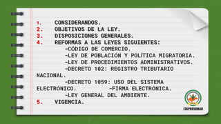 1. CONSIDERANDOS.
2. OBJETIVOS DE LA LEY.
3. DISPOSICIONES GENERALES.
4. REFORMAS A LAS LEYES SIGUIENTES:
-CÓDIGO DE COMERCIO.
-LEY DE POBLACIÓN Y POLÍTICA MIGRATORIA.
-LEY DE PROCEDIMIENTOS ADMINISTRATIVOS.
-DECRETO 102: REGISTRO TRIBUTARIO
NACIONAL.
-DECRETO 1059: USO DEL SISTEMA
ELECTRÓNICO. -FIRMA ELECTRÓNICA.
-LEY GENERAL DEL AMBIENTE.
5. VIGENCIA.
 