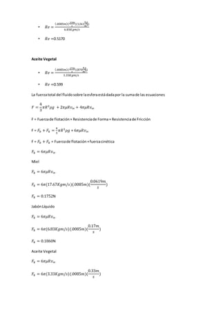 • 𝑅𝑒 =
(.0085𝑚)(
.33𝑚
𝑠
)(1261
𝑘𝑔
𝑚3)
6.83𝐾𝑔𝑚/𝑠
• 𝑅𝑒 =0.5170
Aceite Vegetal
• 𝑅𝑒 =
(.0085𝑚)(
.27𝑚
𝑠
)(870
𝑘𝑔
𝑚3)
3.33𝐾𝑔𝑚/𝑠
• 𝑅𝑒 =0.599
La fuerzatotal del fluidosobre laesferaestádadapor la sumade las ecuaciones
𝐹 =
4
3
𝜋𝑅3 𝜌𝑔 + 2𝜋𝜇𝑅𝑣∞ + 4𝜋𝜇𝑅𝑣∞
F = Fuerzade flotación+ Resistenciade Forma+ Resistenciade Fricción
F = 𝐹𝑏 + 𝐹𝑘 =
4
3
𝜋𝑅3 𝜌𝑔 + 6𝜋𝜇𝑅𝑣∞
F = 𝐹𝑏 + 𝐹𝑘 = Fuerzade flotación+fuerzacinética
𝐹𝑘 = 6𝜋𝜇𝑅𝑣∞
Miel
𝐹𝑘 = 6𝜋𝜇𝑅𝑣∞
𝐹𝑘 = 6𝜋(17.67𝐾𝑔𝑚/𝑠)(.0085𝑚)(
0.0619𝑚
𝑠
)
𝐹𝑘 = 0.1752N
JabónLíquido
𝐹𝑘 = 6𝜋𝜇𝑅𝑣∞
𝐹𝑘 = 6𝜋(6.83𝐾𝑔𝑚/𝑠)(.0085𝑚)(
0.17𝑚
𝑠
)
𝐹𝑘 = 0.1860N
Aceite Vegetal
𝐹𝑘 = 6𝜋𝜇𝑅𝑣∞
𝐹𝑘 = 6𝜋(3.33𝐾𝑔𝑚/𝑠)(.0085𝑚)(
0.33𝑚
𝑠
)
 