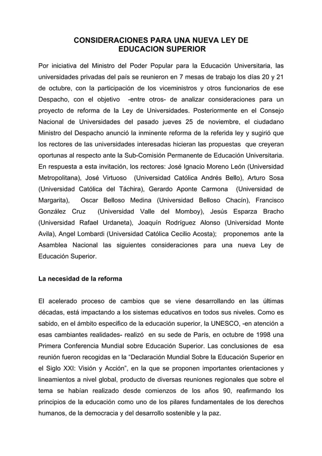 Consideraciones de universidades privadas para el Proyecto de Ley de