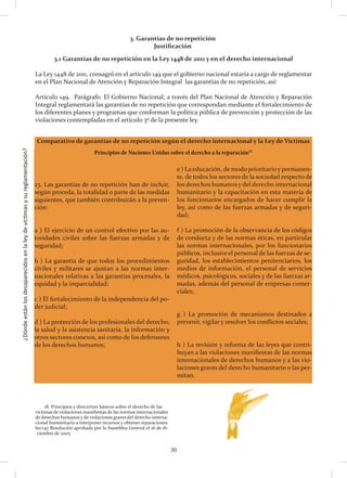 ¿Dóndeestánlosdesaparecidosenlaleydevíctimasysureglamentación?
30
Comparativo de garantías de no repetición según el derecho internacional y la Ley de Víctimas
Principios de Naciones Unidas sobre el derecho a la reparación18
3.1 Garantías de no repetición en la Ley 1448 de 2011 y en el derecho internacional
La Ley 1448 de 2011, consagró en el artículo 149 que el gobierno nacional estaría a cargo de reglamentar
en el Plan Nacional de Atención y Reparación Integral las garantías de no repetición, así:
Artículo 149. Parágrafo. El Gobierno Nacional, a través del Plan Nacional de Atención y Reparación
Integral reglamentará las garantías de no repetición que correspondan mediante el fortalecimiento de
los diferentes planes y programas que conforman la política pública de prevención y protección de las
violaciones contempladas en el artículo 3º de la presente ley.
23. Las garantías de no repetición han de incluir,
según proceda, la totalidad o parte de las medidas
siguientes, que también contribuirán a la preven-
ción:
a ) El ejercicio de un control efectivo por las au-
toridades civiles sobre las fuerzas armadas y de
seguridad;
b ) La garantía de que todos los procedimientos
civiles y militares se ajustan a las normas inter-
nacionales relativas a las garantías procesales, la
equidad y la imparcialidad;
c ) El fortalecimiento de la independencia del po-
der judicial;
d ) La protección de los profesionales del derecho,
la salud y la asistencia sanitaria, la información y
otros sectores conexos, así como de los defensores
de los derechos humanos;
18. Principios y directrices básicos sobre el derecho de las
víctimas de violaciones manifiestas de las normas internacionales
de derechos humanos y de violaciones graves del derecho interna-
cional humanitario a interponer recursos y obtener reparaciones.
60/147 Resolución aprobada por la Asamblea General el 16 de di-
ciembre de 2005
e ) Laeducación, de modo prioritarioy permanen-
te, de todos los sectores de la sociedad respecto de
los derechos humanos y del derecho internacional
humanitario y la capacitación en esta materia de
los funcionarios encargados de hacer cumplir la
ley, así como de las fuerzas armadas y de seguri-
dad;
f ) La promoción de la observancia de los códigos
de conducta y de las normas éticas, en particular
las normas internacionales, por los funcionarios
públicos, inclusive el personal de las fuerzas de se-
guridad, los establecimientos penitenciarios, los
medios de información, el personal de servicios
médicos, psicológicos, sociales y de las fuerzas ar-
madas, además del personal de empresas comer-
ciales;
g ) La promoción de mecanismos destinados a
prevenir, vigilar y resolver los conflictos sociales;
h ) La revisión y reforma de las leyes que contri-
buyan a las violaciones manifiestas de las normas
internacionales de derechos humanos y a las vio-
laciones graves del derecho humanitario o las per-
mitan.
3. Garantías de no repetición
Justificación
 