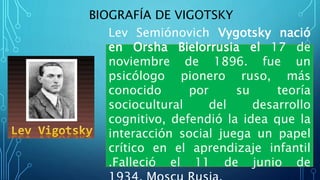 BIOGRAFÍA DE VIGOTSKY
Lev Semiónovich Vygotsky nació
en Orsha Bielorrusia el 17 de
noviembre de 1896. fue un
psicólogo pionero ruso, más
conocido por su teoría
sociocultural del desarrollo
cognitivo, defendió la idea que la
interacción social juega un papel
crítico en el aprendizaje infantil
.Falleció el 11 de junio de
 