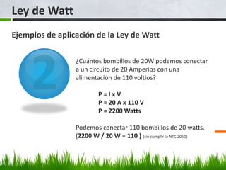 Ley de Watt
Ejemplos de aplicación de la Ley de Watt
¿Cuántos bombillos de 20W podemos conectar
a un circuito de 20 Amperios con una
alimentación de 110 voltios?
P = I x V
P = 20 A x 110 V
P = 2200 Watts
Podemos conectar 110 bombillos de 20 watts.
(2200 W / 20 W = 110 ) (sin cumplir la NTC 2050)
 