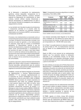 527
de la fabricación y prescripción de medicamentos
genéricos, precios asequibles, transparencia de la
información, suministro eficiente y oportuno, fomentar
sistemas de dispensación de medicamentos en dosis
unitarias, nutrición artificial, mezclas intravenosas y
atención farmacéutica en establecimientos de salud a
nivel nacional, fomentar la investigación y las medidas de
aseguramiento universal.
La Ley también da la facultad de aplicar las limitaciones
y excepciones previstas en el acuerdo sobre los
aspectos de los derechos de propiedad intelectual
relacionados con el comercio (ADPIC), sus enmiendas y
la Declaración de DOHA.
El acceso a los medicamentos es reconocido como un
componente esencial para el pleno ejercicio del derecho
a la salud. El derecho de las personas a acceder a los
servicios de salud en general y a los medicamentos
en particular, exige tener en cuenta a) accesibilidad
geográfica; b) disponibilidad, referida a que los
servicios de dispensación y expendio de medicamentos
deben existir permanentemente c) aceptabilidad de
los servicios de salud, se refiere a que éstos deben
tomar en cuenta las culturas de las poblaciones y sus
percepciones sobre salud-enfermedad d) asequibilidad,
referida a que los servicios y medicamentos deben
estar al alcance de las economías de las personas y
las comunidades.
Lapobreza,educaciónysaludsonfactoresestrechamente
ligados que influyen sobre el acceso a medicamentos e
insumos esenciales, particularmente para los sectores
menos favorecidos y para quienes se debe especialmente
organizar los servicios del sector público.
El MINSA, a través del Sistema Integrado de Suministro
de Medicamentos e Insumos Medico-Quirúrgicos
(SISMED) (24,25)
ha avanzado significativamente en
la búsqueda de nuevas modalidades de compra de
medicamentos. Entre los años 2003 y 2005, el MINSA/
DIGEMID efectuó procesos de compra corporativa de
medicamentos para todas sus unidades ejecutoras
a nivel nacional, desde el año 2006 a la fecha, viene
ampliando su capacidad de compra corporativa
facultativa intersectorial (economía de escala) y su
liderazgo en todo el sector público (MINSA, ESSALUD,
Ministerio de Defensa y Ministerio del Interior). Aplicando
la modalidad de subasta inversa, mejorando la eficiencia,
reportando significativos ahorros públicos por reducción
sustancial de los precios, disponibilidad oportuna,
garantizando la calidad previamente a su distribución a
nivel nacional, permitiendo que mayor población pueda
acceder a ellos, sobre todo a los que no tienen ningún
tipo de aseguramiento.
Las compras nacionales están llegando en los últimos
años a alrededor de 125 millones de nuevos soles. En
los tres procesos de compras, se logró alcanzar ahorros
por el equivalente a S/. 128 694 358 nuevos soles.
En la Tabla 1 se puede observar la reducción sustancial
de precios hasta en 75%, de medicamentos comunes
que se ofertan en los establecimientos de salud del
MINSA.
Según la OMS, el uso racional de los medicamentos
requiere que “Los pacientes reciban la medicación
adecuada a sus necesidades clínicas, en las dosis
correspondientes a sus requisitos individuales, durante
un período adecuado y al menor costo posible para ellos
y para la comunidad” (26)
.
En este contexto y en el marco de la Política Nacional de
Medicamentos (23)
,laDIGEMIDvienerealizando acciones
orientadas a fomentar una cultura de uso racional de los
medicamentos a nivel nacional, acciones que incluyen,
entre otras, la elaboración del petitorio nacional único de
medicamentos esenciales para el sector público, esto
a través del grupo de trabajo multisectorial creado por
resolución ministerial N.° 007-2008 PCM que asumió la
responsabilidad de elaborar la propuesta, aspecto que
también ha sido contemplado por la actual Ley (2) en su
artículo 34.º.
El petitorio nacional único de medicamentos esenciales
para el sector público se elabora mediante un proceso
de selección de los medicamentos esenciales porque
ayuda a establecer prioridades dentro de un sistema
sanitario y permite garantizar la atención de los
problemas prioritarios de salud de la población.
El PNME, vigente a la fecha, incluye 365 principios
activos en 577 presentaciones farmacéuticas, sólo tiene
alcance para las instituciones del MINSA Salud, pero
no para otras dependencias públicas; la segmentación
Tabla 1. Comparación de precios adquiridos en compras
corporativas, Perú 2003 y 2008.
Producto
Precio
2003
Precio
2008
% de
reducción
Ergometrina maleato 20 µg/
mL iny
0,91 0,44 52%
Fitomenadiona 19 mg/mL iny
x 1mL
0,64 0,26 59%
Oxitocina 10 UI iny 1 mL 0,61 0,22 64%
Atropina sulfato 1mg/mL iny 0,40 0,16 66%
Fluconazol 150mg tab 0,64 0,13 80%
Eritromicina 500 mg tab 0,22 0,14 36%
Omeprazol 20 mg tab 0,16 0,04 75%
Fuente: DIGEMID, Dirección de Acceso y Uso de Medicamentos.
Ley 29459Rev Peru Med Exp Salud Publica. 2009; 26(4): 517-29.
 