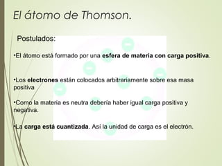 El átomo de Thomson.
Postulados:
•El átomo está formado por una esfera de materia con carga positiva.
•Los electrones están colocados arbitrariamente sobre esa masa
positiva
•Como la materia es neutra debería haber igual carga positiva y
negativa.
•La carga está cuantizada. Así la unidad de carga es el electrón.
 