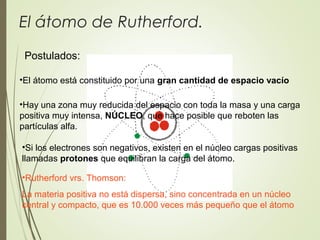 El átomo de Rutherford.
Postulados:
•Hay una zona muy reducida del espacio con toda la masa y una carga
positiva muy intensa, NÚCLEO, que hace posible que reboten las
partículas alfa.
•El átomo está constituido por una gran cantidad de espacio vacío
•Rutherford vrs. Thomson:
La materia positiva no está dispersa, sino concentrada en un núcleo
central y compacto, que es 10.000 veces más pequeño que el átomo
•Si los electrones son negativos, existen en el núcleo cargas positivas
llamadas protones que equilibran la carga del átomo.
 