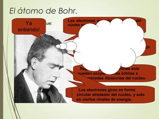 El átomo de Bohr.
Los electrones que giran alrededor del
núcleo no emiten radiación.Bohr propuso que:
Solo emiten radiación cuando
cambian el radio de su orbita, es decir
que se acercan al núcleo.
Según esto, los electrones solo
pueden ocupar ciertas órbitas a
determinadas distancias del núcleo.
Esto se llamará NIVELES DE ENERGIA.Los electrones giran en forma
circular alrededor del núcleo, y solo
en ciertos niveles de energía.
Ya
entiendo!
 