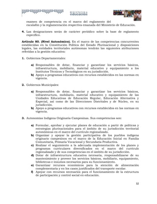examen de competencia en el marco del reglamento del
   escalafón y la reglamentación respectiva emanada del Ministerio de Educación.

4. Las designaciones serán de carácter periódico sobre la base de reglamento
   específico.

Artículo 80. (Nivel Autonómico). En el marco de las competencias concurrentes
establecidas en la Constitución Política del Estado Plurinacional y disposiciones
legales, las entidades territoriales autónomas tendrán las siguientes atribuciones
referidas a la gestión educativa:

1. Gobiernos Departamentales:

      a) Responsables de dotar, financiar y garantizar los servicios básicos,
         infraestructura, mobiliario, material educativo y equipamiento a los
         Institutos Técnicos y Tecnológicos en su jurisdicción.
      b) Apoyo a programas educativos con recursos establecidos en las normas en
         vigencia.

2. Gobiernos Municipales:

      a) Responsables de dotar, financiar y garantizar los servicios básicos,
         infraestructura, mobiliario, material educativo y equipamiento de las
         Unidades Educativas de Educación Regular, Educación Alternativa y
         Especial, así como de las Direcciones Distritales y de Núcleo, en su
         jurisdicción.
      b) Apoyo a programas educativos con recursos establecidos en las normas en
         vigencia.

3. Autonomías Indígena Originaria Campesinas. Sus competencias son:

      a) Formular, aprobar y ejecutar planes de educación a partir de políticas y
         estrategias plurinacionales para el ámbito de su jurisdicción territorial
         autonómicas en el marco del currículo regionalizado.
      b) Organizar y apoyar la gestión participativa de los pueblos indígena
         originario campesinos en el marco de la Educación Inicial en Familia
         Comunitaria, Primaria Vocacional y Secundaria Productiva.
      c) Realizar el seguimiento a la adecuada implementación de los planes y
         programas curriculares diversificados en el marco del currículo
         regionalizado y de sus competencias en el ámbito de su jurisdicción.
      d) Dotar de infraestructura educativa necesaria, responsabilizarse de su
         mantenimiento y proveer los servicios básicos, mobiliario, equipamiento,
         bibliotecas e insumos necesarios para su funcionamiento.
      e) Garantizar recursos económicos para la atención de alimentación
         complementaria y en los casos justificados del transporte escolar.
      f) Apoyar con recursos necesarios para el funcionamiento de la estructura
         de participación y control social en educación.

                                                                                   32
 