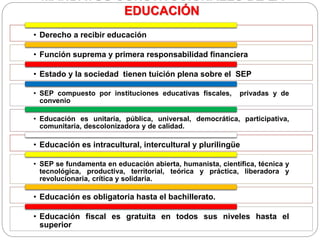 EDUCACIÓN
• Derecho a recibir educación
• Función suprema y primera responsabilidad financiera
• Estado y la sociedad tienen tuición plena sobre el SEP
• SEP compuesto por instituciones educativas fiscales, privadas y de
convenio
• Educación es unitaria, pública, universal, democrática, participativa,
comunitaria, descolonizadora y de calidad.
• Educación es intracultural, intercultural y plurilingüe
• SEP se fundamenta en educación abierta, humanista, científica, técnica y
tecnológica, productiva, territorial, teórica y práctica, liberadora y
revolucionaria, crítica y solidaria.
• Educación es obligatoria hasta el bachillerato.
• Educación fiscal es gratuita en todos sus niveles hasta el
superior
 