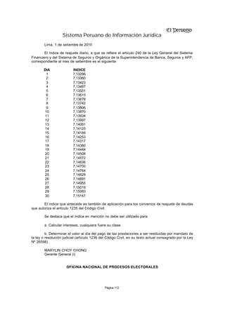 Sistema Peruano de Información Jurídica
        Lima, 1 de setiemb de 2010
                          re

        El índice de reajuste diario, a que se refiere el artículo 240 de la Ley General del Sistema
Financiero y del Sistema de Seguros y Orgánica de la Superintendencia de Banca, Seguros y AFP,
correspondiente al mes de setiembre es el siguiente:

       DÍA                ÍNDICE
        1                 7,13296
        2                 7,13360
        3                 7,13423
        4                 7,13487
        5                 7,13551
        6                 7,13615
        7                 7,13678
        8                 7,13742
        9                 7,13806
       10                 7,13870
       11                 7,13934
       12                 7,13997
       13                 7,14061
       14                 7,14125
       15                 7,14189
       16                 7,14253
       17                 7,14317
       18                 7,14380
       19                 7,14444
       20                 7,14508
       21                 7,14572
       22                 7,14636
       23                 7,14700
       24                 7,14764
       25                 7,14828
       26                 7,14891
       27                 7,14955
       28                 7,15019
       29                 7,15083
       30                 7,15147

       El índice que antecede es también de aplicación para los convenios de reajuste de deudas
que autoriza el artículo 1235 del Código Civil.

        Se destaca que el índice en mención no debe ser utilizado para:

        a. Calcular intereses, cualquiera fuere su clase.

         b. Determinar el valor al día del pago de las prestaciones a ser restituidas por mandato de
la ley o resolución judicial (artículo 1236 del Código Civil, en su texto actual consagrado por la Ley
Nº 26598).

        MARYLIN CHOY CHONG
        Gerente General (i)


                      OFICINA NACIONAL DE PROCESOS ELECTORALES




                                              Página 112
 