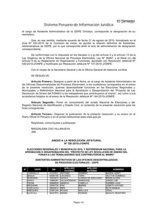 Sistema Peruano de Información Jurídica
el cargo de Asistente Administrativo de la ODPE Chiclayo; corresponde la designación de su
reemplazo;

       Que, en ese sentido, mediante acuerdo de fecha 31 de agosto de 2010, formalizado en el
Acta Nº 023-2010 de la Comisión de vistos, se aprobó la relación definitiva de Asistentes
Administrativos de ODPE; por lo que corresponde emitir el acto de administración de designación
correspondiente;

         De conformidad con lo dispuesto en los literales c) y g) del artículo 5 y el artículo 13 de la
Ley Orgánica de la Oficina Nacional de Procesos Electorales, Ley Nº 26487, y el literal cc) del
artículo 9 de su Reglamento de Organización y Funciones, aprobado con Resolución Jefatural Nº
030-2010-J/ONPE y modificado por Resolución Jefatural Nº 137-2010-J/ONPE;

         Con el visado de la Secretaría General y de la Oficina General de Asesoría Jurídica;

         SE RESUELVE:

         Artículo Primero.- Designar a partir de la fecha, en el cargo de Asistente Administrativo de
las Oficinas Descentralizadas de Procesos Electorales, a los ciudadanos consignados en el anexo
de la presente resolución, quienes desempeñarán funciones en las Elecciones Regionales y
Municipales, y Referéndum Nacional para la Aprobación o Desaprobación del “Proyecto de Ley
Devolución de Dinero del FONAVI a los trabajadores que contribuyeron al mismo”, así como a sus
accesitarios listados en el anexo de la Resolución Jefatural Nº 144-2010-J/ONPE.

        Artículo Segundo.- Poner en conocimiento del Jurado Nacional de Elecciones y del
Registro Nacional de Identificación y Estado Civil, el contenido de la presente resolución para los
fines consiguientes.

        Artículo Tercero.- Disponer la publicación de la presente resolución y su anexo en el
Diario Oficial El Peruano y en el portal institucional www.onpe.gob.pe.

         Regístrese, comuníquese y publíquese.

         MAGDALENA CHÚ VILLANUEVA
         Jefa


                          ANEXO A LA RESOLUCIÓN JEFATURAL
                                  Nº 150 -2010-J/ONPE

   ELECCIONES REGIONALES Y MUNICIPALES 2010, Y REFERÉNDUM NACIONAL PARA LA
  APROBACIÓN O DESAPROBACIÓN DEL “PROYECTO DE LEY DEVOLUCIÓN DE DINERO DEL
           FONAVI A LOS TRABAJADORES QUE CONTRIBUYERON AL MISMO”

            ASISTENTES ADMINISTRATIVOS DE LAS OFICINAS DESCENTRALIZADAS
                          DE PROCESOS ELECTORALES - ODPE

                                        APELLIDO           APELLIDO
 N°        ODPE            DNI                                                    NOMBRES
                                        PATERNO            MATERNO
      1CANGALLO          41237631   ANTONIO         RAMIREZ                 MAGDA LIZZET
      2BAGUA             08394195   CACERES         TAPIA                   HECTOR DOMINGO
      3BONGARA           10423914   DAVILA          LLANOS DE ARELLANO      MARIA ELVIRA
      4GRAU              10806261   VILLAVICENCIO   SANDOVAL                JORGE LUIS
      5TACNA             06966628   ABARCA          CABELLO                 CARMEN JULIA
      6REQUENA           20063729   PAZ             IBARRA                  LIZBETH HAYDEE
      7CHICLAYO          29622912   RIPA            ITO                     RUTH BASILIA
      8AREQUIPA          22481244   ROSAS           MALLQUI                 VIDAL
      9UCAYALI           06207872   ARANA           ROMANI                  ADOLFO NICEFORO



                                              Página 114
 