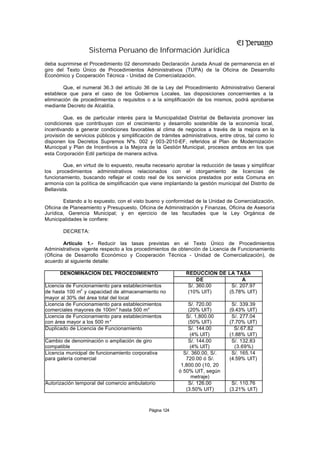 Sistema Peruano de Información Jurídica
deba suprimirse el Procedimiento 02 denominado Declaración Jurada Anual de permanencia en el
giro del Texto Único de Procedimientos Administrativos (TUPA) de la Oficina de Desarrollo
Económico y Cooperación Técnica - Unidad de Comercialización.

        Que, el numeral 36.3 del artículo 36 de la Ley del Procedimiento Administrativo General
establece que para el caso de los Gobiernos Locales, las disposiciones concernientes a la
eliminación de procedimientos o requisitos o a la simplificación de los mismos, podrá aprobarse
mediante Decreto de Alcaldía.

        Que, es de particular interés para la Municipalidad Distrital de Bellavista promover las
condiciones que contribuyan con el crecimiento y desarrollo sostenible de la economía local,
incentivando a generar condiciones favorables al clima de negocios a través de la mejora en la
provisión de servicios públicos y simplificación de trámites administrativos, entre otros, tal como lo
disponen los Decretos Supremos Nºs. 002 y 003-2010-EF, referidos al Plan de Modernización
Municipal y Plan de Incentivos a la Mejora de la Gestión Municipal, procesos ambos en los que
esta Corporación Edil participa de manera activa.

         Que, en virtud de lo expuesto, resulta necesario aprobar la reducción de tasas y simplificar
los procedimientos administrativos relacionados con el otorgamiento de licencias de
funcionamiento, buscando reflejar el costo real de los servicios prestados por esta Comuna en
armonía con la política de simplificación que viene implantando la gestión municipal del Distrito de
Bellavista.

        Estando a lo expuesto, con el visto bueno y conformidad de la Unidad de Comercialización,
Oficina de Planeamiento y Presupuesto, Oficina de Administración y Finanzas, Oficina de Asesoría
Jurídica, Gerencia Municipal; y en ejercicio de las facultades que la Ley Orgánica de
Municipalidades le confiere:

        DECRETA:

        Artículo 1.- Reducir las tasas previstas en el Texto Único de Procedimientos
Administrativos vigente respecto a los procedimientos de obtención de Licencia de Funcionamiento
(Oficina de Desarrollo Económico y Cooperación Técnica - Unidad de Comercialización), de
acuerdo al siguiente detalle:

      DENOMINACION DEL PROCEDIMIENTO                          REDUCCION DE LA TASA
                                                                   DE            A
Licencia de Funcionamiento para establecimientos               S/. 360.00   S/. 207.97
               2
de hasta 100 m y capacidad de almacenamiento no                (10% UIT)   (5.78% UIT)
mayor al 30% del área total del local
Licencia de Funcionamiento para establecimientos               S/. 720.00          S/. 339.39
comerciales mayores de 100m 2 hasta 500 m2                     (20% UIT)          (9.43% UIT)
Licencia de Funcionamiento para establecimientos              S/. 1,800.00         S/. 277.04
con área mayor a los 500 m 2                                   (50% UIT)          (7.70% UIT)
Duplicado de Licencia de Funcionamiento                        S/. 144.00           S/.67.82
                                                                (4% UIT)          (1.88% UIT)
Cambio de denominación o ampliación de giro                    S/. 144.00          S/. 132.83
compatible                                                      (4% UIT)            (3.69%)
Licencia municipal de funcionamiento corporativa             S/. 360.00, S/.       S/. 165.14
para galería comercial                                        720.00 ó S/.        (4.59% UIT)
                                                            1,800.00 (10, 20
                                                           ó 50% UIT, según
                                                                 metraje)
Autorización temporal del comercio ambulatorio                 S/. 126.00          S/. 110.76
                                                              (3.50% UIT)         (3.21% UIT)



                                              Página 124
 