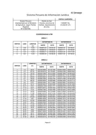 Sistema Peruano de Información Jurídica
                                                                metros cuadrados
       Estado Peruano                 Distrito de San
(representado por el Ministerio    Vicente, provincia de            1.242281 Ha.
 de Agricultura, según Partida     Cañete, departamento            (12,422.81 m²)
            Registral                    de Lima.
        Nº 21002758)


                                COORDENADAS UTM

                                       ÁREA 1

                                        DATUM PSAD 56               DATUM WGS 84
VERTICE    LADO      LONGITUD
                                      NORTE         ESTE         NORTE          ESTE
                        (m)
  A         A-B        15.00        8536874.04    361391.62     8536507.54     361169.64
  B         B-C        13.00        8536884.22    361402.64     8536517.71     361180.66
  C         C-D        15.00        8536893.77    361393.82     8536527.26     361171.84
  D         D-A        13.00        8536883.59    361382.80     8536517.09     361160.82



                                       ÁREA 2

                     LONGITUD          DATUM PSAD 56                DATUM WGS 84
VERTICE    LADO        (m)
                                    NORTE          ESTE          NORTE          ESTE

  1         1-2        54.70      8535182.9689   361125.1956   8534816.4669   360903.2178
  2         2-3       207.32      8535196.9419   361176.9281   8534830.4399   360954.9502
  3         3-4       125.18      8535353.7669   361312.4009   8534987.2649   361090.4230
  4         4-5       261.77      8535462.3337   361374.6665   8535095.8317   361152.6886
   5        5-6       206.93      8535693.6843   361497.1477   8535327.1823   361275.1698
   6        6-7       180.63      8535882.2909   361582.2756   8535515.7889   361360.2978
   7        7-8       280.20      8536046.8828   361656.6888   8535680.3808   361434.7110
   8        8-9        67.67      8536302.4944   361771.4692   8535935.9924   361549.4914
   9        9-10       83.14      8536362.0623   361803.5058   8535995.5603   361581.5280
  10       10-11       37.91      8536436.1728   361841.1771   8536069.6708   361619.1992
  11       11-12       22.47      8536473.2814   361845.1622   8536106.7794   361623.1844
  12       12-13       77.33      8536492.7065   361834.3468   8536126.2045   361612.3689
  13       13-14      125.52      8536539.5858   361772.8499   8536173.0838   361550.8721
  14       14-15      111.82      8536613.5310   361671.4183   8536247.0290   361449.4404
  15       15-16       23.66      8536680.6548   361582.0007   8536314.1528   361360.0228
  16       16-17      210.24      8536697.0869   361564.9933   8536330.5849   361343.0155
  17       17-18        6.00      8536847.8036   361418.4158   8536481.3016   361196.4380
  18       18-19      210.26      8536843.6800   361414.0570   8536477.1780   361192.0792
  19       19-20       24.23      8536692.9526   361560.6443   8536326.4506   361338.6665
  20       20-21      112.30      8536676.1266   361578.0641   8536309.6246   361356.0863
  21       21-22      125.49      8536608.7015   361667.8577   8536242.1995   361445.8799
  22       22-23       76.76      8536534.7752   361769.2635   8536168.2732   361547.2857
  23       23-24       18.62      8536488.2404   361830.3084   8536121.7384   361608.3305
  24       24-25       33.89      8536471.9226   361839.3149   8536105.4207   361617.3370
  25       25-26       82.73      8536438.7304   361835.7465   8536072.2284   361613.7687
  26       26-27       68.13      8536364.9849   361798.2608   8535998.4829   361576.2829
  27       27-28      280.25      8536305.0019   361766.0180   8535938.4999   361544.0402



                                            Página 81
 