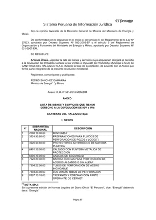 Sistema Peruano de Información Jurídica
          Con la opinión favorable de la Dirección General de Minería del Ministerio de Energía y
Minas;

       De conformidad con lo dispuesto en el inciso c) del artículo 6 del Reglamento de la Ley Nº
27623, aprobado por Decreto Supremo Nº 082-2002-EF y el artículo 9 del Reglamento de
Organización y Funciones del Ministerio de Energía y Minas, aprobado por Decreto Supremo Nº
031-2007-EM;

          SE RESUELVE:

        Artículo Único.- Aprobar la lista de bienes y servicios cuya adquisición otorgará el derecho
a la devolución del Impuesto General a las Ventas e Impuesto de Promoción Municipal a favor de
CANTERAS DEL HALLAZGO S.A.C. durante la fase de exploración, de acuerdo con el Anexo que
forma parte integrante de la presente resolución ministerial.

          Regístrese, comuníquese y publíquese.

          PEDRO SÁNCHEZ GAMARRA
          Ministro de Energái (*) y Minas


                         Anexo: R.M.Nº 381-2010-MEM/DM

                                      ANEXO

                  LISTA DE BIENES Y SERVICIOS QUE TIENEN
                  DERECHO A LA DEVOLUCIÓN DE IGV e IPM

                         CANTERAS DEL HALLAZGO SAC

                                     I. BIENES

           SUBPARTIDA
    N°                                           DESCRIPCION
            NACIONAL
1        2508.10.00.00       BENTONITA
2        3824.90.60.00       PREPARACIONES PARA FLUIDOS DE
                             PERFORACIÓN DE POZOS (“LODOS”)
3        3926.90.60.00       PROTECTORES ANTIRRUIDOS DE MATERIA
                             PLÁSTICA
4        6401.10.00.00       CALZADO CON PUNTERA METÁLICA DE
                             PROTECCIÓN
5        6506.10.00.00       CASCOS DE SEGURIDAD
6        7228.80.00.00       BARRAS HUECAS PARA PERFORACIÓN DE
                             ACEROS ALEADOS O SIN ALEAR
7        7304.22.00.00       TUBOS DE PERFORACIÓN DE ACERO
                             INOXIDABLE
8        7304.23.00.00       LOS DEMÁS TUBOS DE PERFORACIÓN
9        8207.13.10.00       TRÉPANOS Y CORONAS CON PARTE
                             OPERANTE DE CERMET

(*)
  NOTA SPIJ:
En la presente edición de Normas Legales del Diario Oficial “El Peruano”, dice: “Energái” debiendo
decir: “Energía”


                                                 Página 87
 