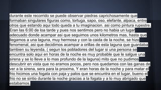 durante este recorrido se puede observar piedras caprichosamente que
formaban singulares figuras como, tortuga, sapo, oso, elefante, alpaca, entre
otros que estando aqui todo queda a tu imaginacion. asi como pintura rupestre.
Eran las 6:00 de loa tarde y pues nos sentimos pero no habia un lugar
adecuado donde acampar asi que seguimos unos kilometros mas, hasta que
llegamos a una laguna, muy hermosa y con la caida de la noche, se hizo
fenomenal, asi que decidimos acampar a orillas de esta laguna que guardaba
tambien su leyenda, ( segun los pobladores del lugar si una persona se
encuntra solo aqui en horas de la noche es muy probable que le salgue una
sirena y se lo lleve a lo mas profundo de la laguna) mito que no pudimos
descubrir en vista que no eramos pocos, pero nos quedamos con las ganas de
ver a la sirena, sera para la proxima, Y eran horas de la noche y para matar el
frio hicimos una fogata con paja y palos que se encuntra en el lugar, bueno el
frio no se sintio durante la noche gracias a la fogata y a lo muy abrigado que
estabamos.

 