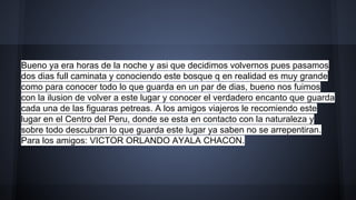 Bueno ya era horas de la noche y asi que decidimos volvernos pues pasamos
dos dias full caminata y conociendo este bosque q en realidad es muy grande
como para conocer todo lo que guarda en un par de dias, bueno nos fuimos
con la ilusion de volver a este lugar y conocer el verdadero encanto que guarda
cada una de las figuaras petreas. A los amigos viajeros le recomiendo este
lugar en el Centro del Peru, donde se esta en contacto con la naturaleza y
sobre todo descubran lo que guarda este lugar ya saben no se arrepentiran.
Para los amigos: VICTOR ORLANDO AYALA CHACON.

 