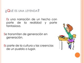 ¿QUÉ ES UNA LEYENDA?
Es una narración de un hecho con
parte de la realidad y parte
fantasiosa.
Se transmiten de generación en
generación.
Es parte de la cultura y las creencias
de un pueblo o lugar.
 