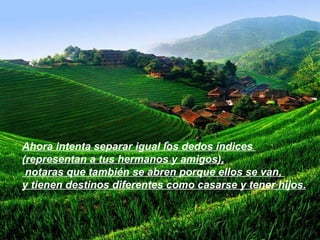 Ahora intenta separar igual los dedos índices  (representan a tus hermanos y amigos), notaras que también se abren porque ellos se van,  y tienen destinos diferentes como casarse y tener hijos.   