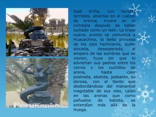 Ajall Kriña, con heridas
terribles, abiertas en el cuerpo
de bronce, muere en el
combate después de haber
luchado como un león. La triste
nueva, pronto se comunica a
Huacachina, la bella princesa
de los ojos hechiceros, quien
alocada, desesperada, al
amparo de las sombras que se
vienen, huye sin que lo
adviertan sus padres entre los
cerros y los cuchillos de
arena, hasta caer
postrada, abatida, jadeante, su
dorosa, con el llanto que
desbordándose del manantial
inagotable de sus olas, caían
en las arenas que como
pañuelos de batista, se
extendían más allá de la
Huega.
 