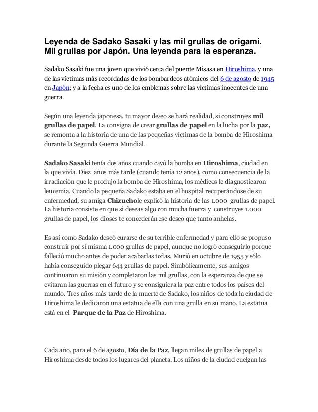 Leyenda De Sadako Sasaki Y Las Mil Grullas De Origami