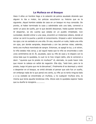 La Muñeca en el Bosque
Hace 4 años un hombre llego a la estación de policia asustado diciendo que
alguien lo iba a matar, los policias escucharon su historia que es la
siguiente...Aquel hombre estaba de caza en un bosque no muy conocido. De
pronto, al haber terminado la caza y sobrándole solo una bala, comenzó a
sentir un poco de sueño, por lo que decidió descansar, hasta quedar dormido.
Al despertar, se dio cuenta que estaba en un pueblo inhabitado. Con
curiosidad, decidió entrar a una casa, encontró un misterioso sótano, donde al
entrar se cerró la puerta y perdió el conocimiento. Empezó a abrir lentamente
los ojos y se vio sentado en una silla. En eso, escuchó un ruido, había una niña
sin ojos, por donde sangraba, despeinada y con las piernas rotas; además,
tenía una muñeca manchada de sangre. Entonces, se apagó la luz, y al volver,
la niña estaba más cerca, y así siguió hasta que la niña se encontraba a solo
unos centímetros de él. Él, asustado, saco su rifle de caza y le disparo con la
única bala que le quedaba, lo cual no le hizo ningún daño, ella le comenzó a
decir: "¿quieres que te preste mi muñeca?" él, aterrado, no pudo hacer más
que mover la cabeza en señal de negación. Ella dijo, "está bien, pero te la
presto, luego iré para que me la devuelvas", Finalmente él se desmayó y volvió
a despertar en el bosque, se sintió aliviado al pensar que solo fue un sueño,
sin embargo nada de lo que pensó era cierto, su rifle ya no tenía ninguna bala
y a su costado se encontraba un muñeca, y no cualquier muñeca sino, la
misma que tenía aquella tenebrosa niña. Ahora solo le quedaba esperar hasta
que su dueña la recogiera..............

12

 