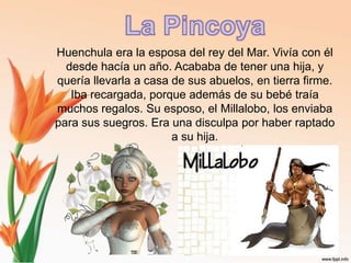La PincoyaHuenchula era la esposa del rey del Mar. Vivía con él desde hacía un año. Acababa de tener una hija, y quería llevarla a casa de sus abuelos, en tierra firme.Iba recargada, porque además de su bebé traía muchos regalos. Su esposo, el Millalobo, los enviaba para sus suegros. Era una disculpa por haber raptado a su hija.