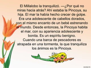 El Millalobo la tranquilizó. —¿Por qué no miras hacia atrás? Ahí estaba la Pincoya, su hija. El mar la había hecho crecer de golpe. Era una adolescente de cabellos dorados, con el mismo encanto de un bebé estrenando el mundo. Desde entonces, la Pincoya habita el mar, con su apariencia adolescente y bonita. Es un espíritu benigno.Cuando una barca de pescadores es atrapada en una tormenta, la que tranquiliza los ánimos es la Pincoya.