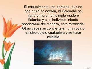 Si casualmente una persona, que no sea bruja se acerca, el Caleuche se transforma en un simple madero flotante; y si el individuo intenta apoderarse del madero, éste retrocede. Otras veces se convierte en una roca o en otro objeto cualquiera y se hace invisible. 