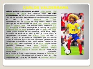 carlos Alberto Valderrama Palacio (Santa Marta, 2 de
septiembre de 1961), más conocido como «El Pibe
Valderrama»,es un ex futbolista colombiano considerado
uno de los máximos exponentes en la historia del fútbolde
su país y de América del Sur.
Valderrama fue un volante de muy buena técnica, que
participó en los mundiales de Italia 1990, Estados Unidos
1994 y Francia 1998. Fue incluido como miembro FIFA
100 por Pelé y ocupa el 39º lugar en el ranking del jugador
sudamericano del siglo publicado por la IFFHS en 2004.
Carlos ganó muchos reconocimientos, entre ellos, Mejor
Futbolista de América en 1987 y 1993,y títulos, como el
campeonato colombiano con Atlético Junior en 1993 y
1995. y vivio en el barrio la magdalena por la canchao
como la máxima figura de una destacada generación de
futbolistas colombianos que lució desde mediados de
los años 1980 hasta mediados de los años 1990,de la que
también formaron parte René Higuita, Leonel
Álvarez, Arnoldo Iguarán, Adolfo Valencia, Albeiro
Usuriaga, Freddy Rincón y Faustino Asprilla, entre otros
importantes jugadores.
Es el primer y único colombiano en ingresar al Salón de la
Fama del Fútbol, distinción que se llevó a cabo el 12 de
noviembre de 2014 en la ciudad de Pachuca, México.
CARLOS VALDERRAMA
 