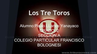 Los Tre Toros
Alumno:Paulo LLanos Yanayaco
GRADO: 2
SECCIÓN:A
COLEGIO PARTICULAR FRANCISCO
BOLOGNESI

 
