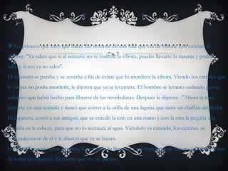 …………………………………..
 Lo primero que tuvo que hacer fue sentarse en una silla que era de víbora. Los catrines le
dijeron: "Ya sabes que si al sentarte no te muerde la víbora, puedes llevarte la naranja y podrás
salir, y si no; ya no sales".
El zapatero se paraba y se sentaba a fin de evitar que lo mordiera la víbora. Viendo los catrines que
la víbora no podía morderle, le dijeron que ya se levantara. El hombre se levantó sudando por el
esfuerzo que había hecho para librarse de las mordeduras. Después le dijeron: -"Ahora te toca
sentarse en una acémila y tienes que correr a la orilla de una laguna que tiene un chaflán alrededor .
El zapatero, contó a sus amigos; que se enredó la crin en una mano y con la otra le pegaba a la
acémila en la cabeza, para que no lo aventara al agua. Viéndolo ya cansado, los catrines .se
compadecieron de él y le dijeron que ya se bajara.
Habiendo vencido estas pruebas, los catrines lo llevaron a ver montones de dinero, árboles frutales
de todas las especies. El cuenta que vio un paraíso.
 