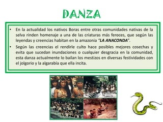 DANZA
• En la actualidad los nativos Boras entre otras comunidades nativas de la
  selva rinden homenaje a una de las criaturas más feroces, que según las
  leyendas y creencias habitan en la amazonia “LA ANACONDA”.
• Según las creencias el rendirle culto hace posibles mejores cosechas y
  evita que sucedan inundaciones o cualquier desgracia en la comunidad,
  esta danza actualmente lo bailan los mestizos en diversas festividades con
  el jolgorio y la algarabía que ella incita.
 