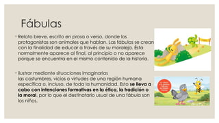 Fábulas
◦ Relato breve, escrito en prosa o verso, donde los
protagonistas son animales que hablan. Las fábulas se crean
con la finalidad de educar a través de su moraleja. Ésta
normalmente aparece al final, al principio o no aparece
porque se encuentra en el mismo contenido de la historia.
◦ ilustrar mediante situaciones imaginarias
las costumbres, vicios o virtudes de una región humana
específica o, incluso, de toda la humanidad. Esto se lleva a
cabo con intenciones formativas en la ética, la tradición o
la moral, por lo que el destinatario usual de una fábula son
los niños.
 