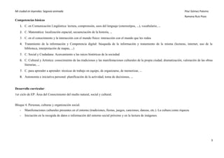 Mi ciudad en leyendas: Segovia animada Pilar Gómez Palomo
Ramona Ruiz Pozo
Competencias básicas
1. C. en Comunicación Lingüística: lectura, comprensión, usos del lenguaje (estereotipos, …), vocabulario, …
2. C. Matemática: localización espacial, secuenciación de la historia, …
3. C. en el conocimiento y la interacción con el mundo físico: interacción con el mundo que les rodea
4. Tratamiento de la información y Competencia digital: búsqueda de la información y tratamiento de la misma (lecturas, internet, uso de la
biblioteca, interpretación de mapas, …)
5. C. Social y Ciudadana: Acercamiento a las raíces históricas de la sociedad
6. C. Cultural y Artística: conocimiento de las tradiciones y las manifestaciones culturales de la propia ciudad, dramatización, valoración de las obras
literarias, …
7. C. para aprender a aprender: técnicas de trabajo en equipo, de organizarse, de memorizar, …
8. Autonomía e iniciativa personal: planificación de la actividad, toma de decisiones, …
Desarrollo curricular:
1er ciclo de EP: Área del Conocimiento del medio natural, social y cultural.
Bloque 4. Personas, culturas y organización social.
- Manifestaciones culturales presentes en el entorno (tradiciones, fiestas, juegos, canciones, danzas, etc.). La cultura como riqueza.
- Iniciación en la recogida de datos e información del entorno social próximo y en la lectura de imágenes.
3
 