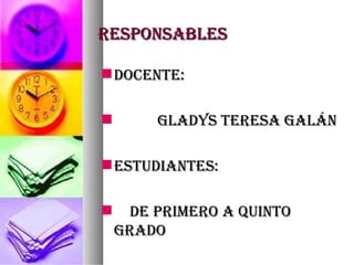 RESPONSABLES DOCENTE: Gladys Teresa Galán Estudiantes: De Primero a Quinto Grado 