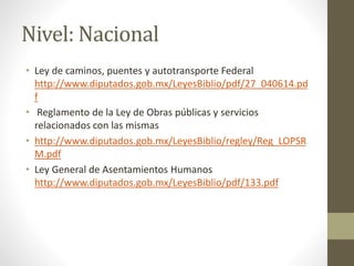 Nivel: Nacional
• Ley de caminos, puentes y autotransporte Federal
http://www.diputados.gob.mx/LeyesBiblio/pdf/27_040614.pd
f
• Reglamento de la Ley de Obras públicas y servicios
relacionados con las mismas
• http://www.diputados.gob.mx/LeyesBiblio/regley/Reg_LOPSR
M.pdf
• Ley General de Asentamientos Humanos
http://www.diputados.gob.mx/LeyesBiblio/pdf/133.pdf
 