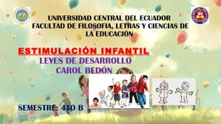 UNIVERSIDAD CENTRAL DEL ECUADOR
FACULTAD DE FILOSOFIA, LETRAS Y CIENCIAS DE
LA EDUCACIÓN
ESTIMULACIÓN INFANTIL.
LEYES DE DESARROLLO
CAROL BEDÓN
SEMESTRE: 4TO B
 