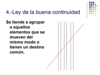 4.-Ley de la buena continuidad Se tiende a agrupar a aquellos elementos que se mueven del mismo modo o tienen un destino común.