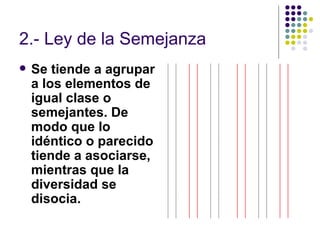 2.- Ley de la Semejanza Se tiende a agrupar a los elementos de igual clase o semejantes. De modo que lo idéntico o parecido tiende a asociarse, mientras que la diversidad se disocia.