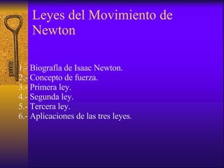 Leyes del Movimiento de Newton 1.- Biografía de Isaac Newton. 2.- Concepto de fuerza. 3.- Primera ley. 4.- Segunda ley. 5.- Tercera ley. 6.- Aplicaciones de las tres leyes . 