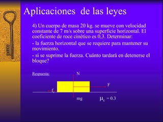 Aplicaciones  de las leyes 4) Un cuerpo de masa 20 kg. se mueve con velocidad constante de 7 m/s sobre una superficie horizontal. El coeficiente de roce cinético es 0,3. Determinar: - la fuerza horizontal que se requiere para mantener su  movimiento. - si se suprime la fuerza. Cuánto tardará en detenerse el bloque?  Respuesta:   N F f c   mg   c  = 0.3  