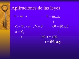 Aplicaciones de las leyes F = m  ∙  a  F =  m  ∙  v o t V f  = V o  - at  ; V f = 0  60 =  20 x 5 a =  V o   t t  60 ∙  t = 100  t = 5/3 seg . 