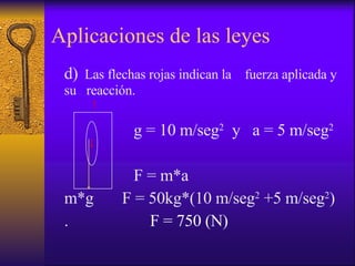 Aplicaciones de las leyes d)   Las flechas rojas indican la  fuerza aplicada y su  reacción. g = 10 m/seg 2   y  a = 5 m/seg 2 F = m*a m*g  F = 50kg*(10 m/seg 2  +5 m/seg 2 ) .  F = 750 (N) 