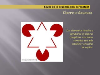 Leyes de la organización perceptualCierre o clausuraLos elementos tienden a agruparse en figuras completas. Las áreas cerradas son más estables y sencillas de captar.