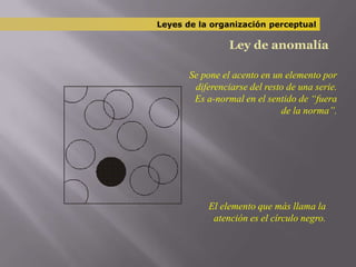 Leyes de la organización perceptualLey de anomalíaSe pone el acento en un elemento por diferenciarse del resto de una serie. Es a-normal en el sentido de “fuera de la norma”.El elemento que más llama la atención es el círculo negro.