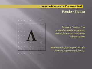 Leyes de la organización perceptualFondo - Figura.   .   .   .   .   .   .   .   .   .   .   .   .   .   .   .   .   .   .   .   .   .   .   .   .   .   .   .   .   .   .   .   .   .   .   .   .   .   .   .   .   .   .   .   .   .   .   .   .   .   .   .   .   .   .   .   .   .   .   .   .   .   .   .   .   .   .   .   .   .   .   .   .   .   .   .   .   .   .   .   .   .   .   .   .   .   .   .   .   .La mente “conoce” un estímulo cuando lo organiza en una forma que se recortan sobre un fondo Hablamos de figuras positivas (la forma) y negativas (el fondo).