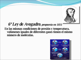 6ª Ley de Avogadro , propuesta en 1811 En las mismas condiciones de presión y temperatura, volúmenes iguales de diferentes gases tienen el mismo número de moléculas. 
