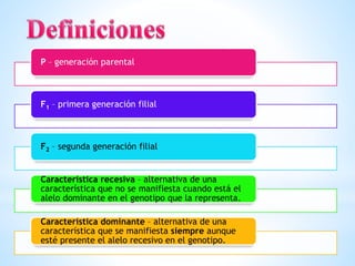 P – generación parental
F1 – primera generación filial
F2 – segunda generación filial
Característica recesiva – alternativa de una
característica que no se manifiesta cuando está el
alelo dominante en el genotipo que la representa.
Característica dominante – alternativa de una
característica que se manifiesta siempre aunque
esté presente el alelo recesivo en el genotipo.
 