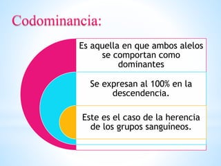 Es aquella en que ambos alelos
se comportan como
dominantes
Se expresan al 100% en la
descendencia.
Este es el caso de la herencia
de los grupos sanguíneos.
 